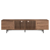 Minimalist slatted TV stand media console with four-door storage for living room organization